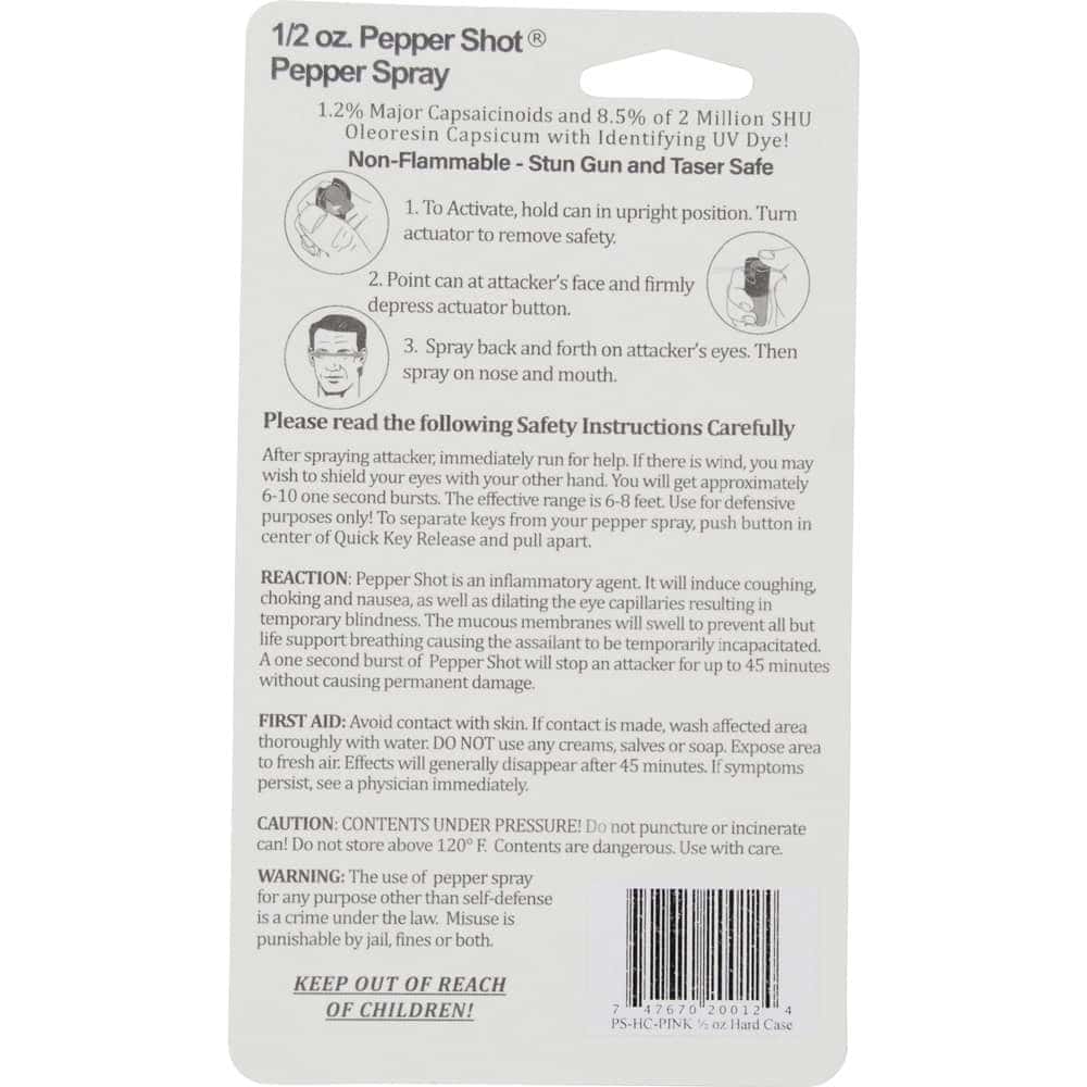 Instruction label for 1/2 oz Pepper Shot® Pepper Spray with usage and safety guidelines.