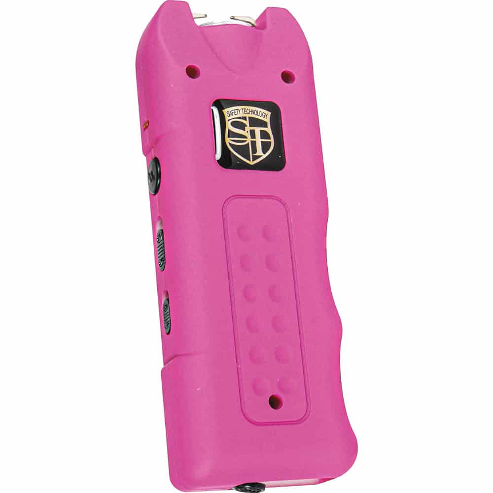 Bright pink stun gun for self-defense with buttons and textured grip. Portable and easy-to-use safety device.