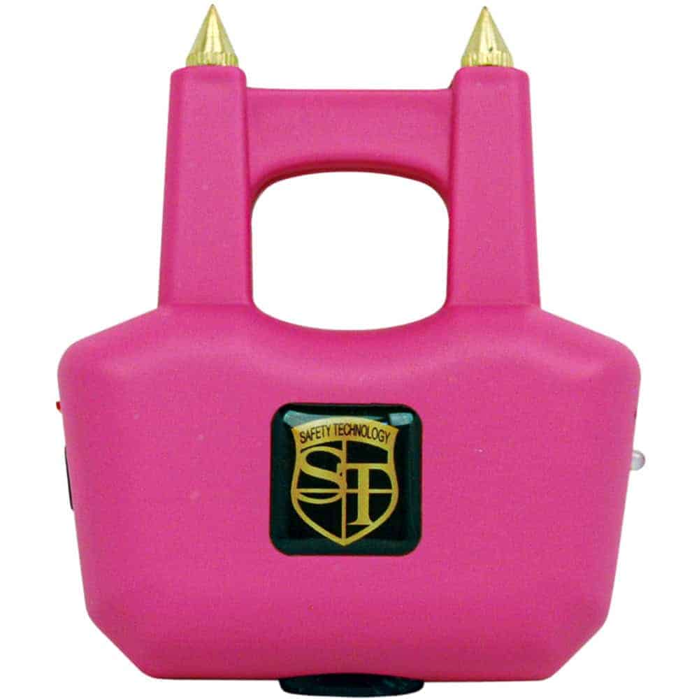ST-SPIKE-PINK_bjpg | Para Bellum Defense Pink stun gun with safety technology logo, featuring gold spikes for personal self-defense.