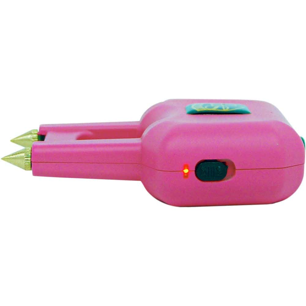 ST-SPIKE-PINK_djpg | Para Bellum Defense Pink plastic toy tool with a switch and glowing red light on the side, featuring pointed gold tips for imaginative play.
